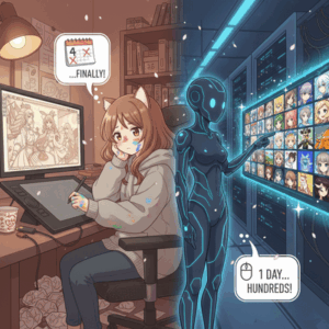 【悲報】絵師「ﾊｧﾊｧ…やっと完成したぞ」(4日で1~2枚)　AI絵師「ﾎﾟﾁｯ」(1日で数百枚)