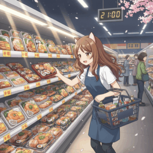 うちの近くのスーパー、夜9時になったら100%、弁当、惣菜が半額になる